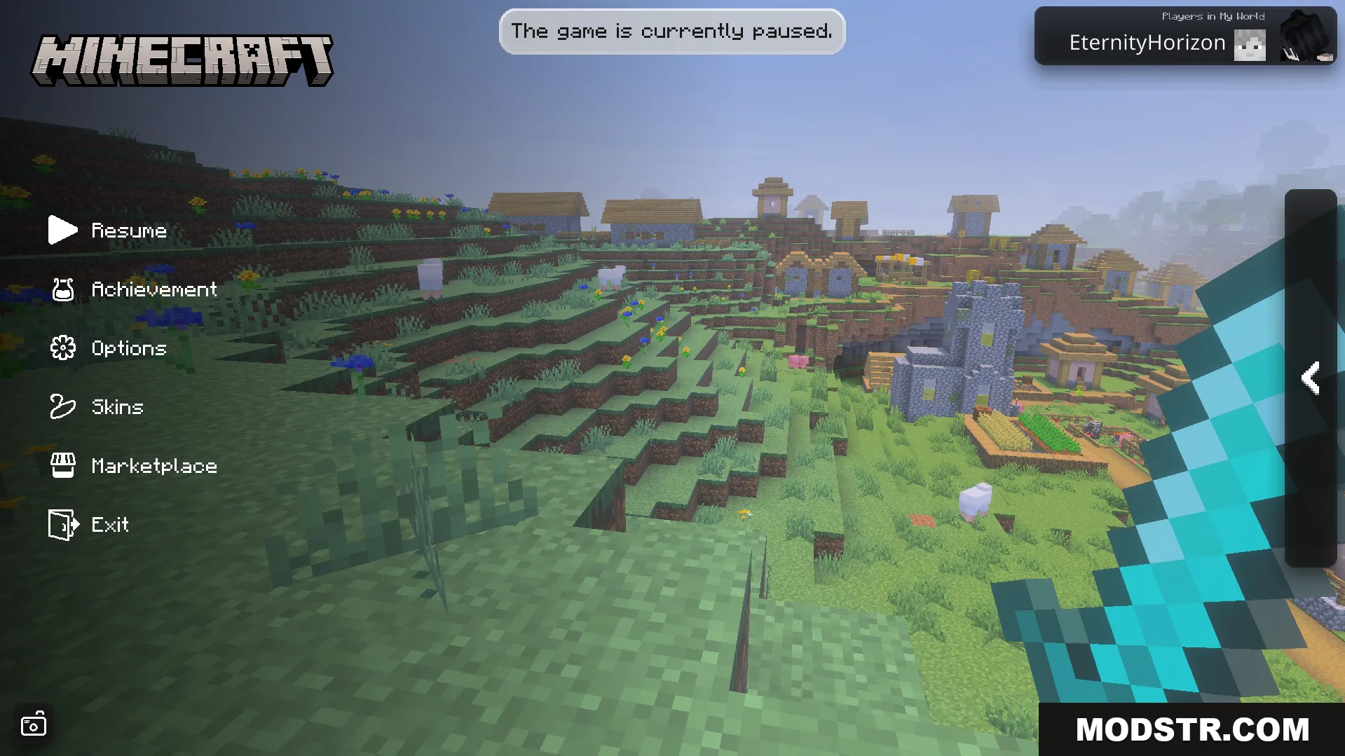 Collapse UI Texture Pack Screenshot 6 Pause menu showing village landscape and diamond sword