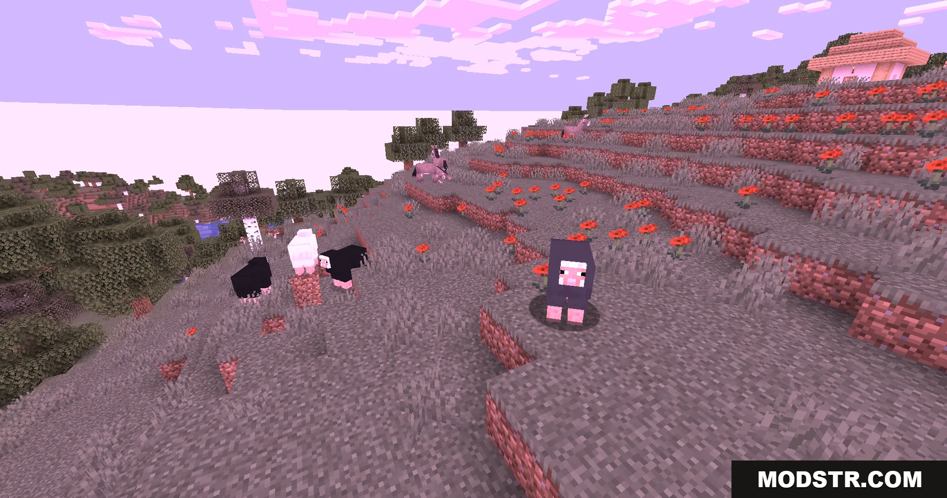Colorblind Swap Shaders Screenshot 7 Sheep grazing on a grey hillside under a vibrant pink sky with flowers