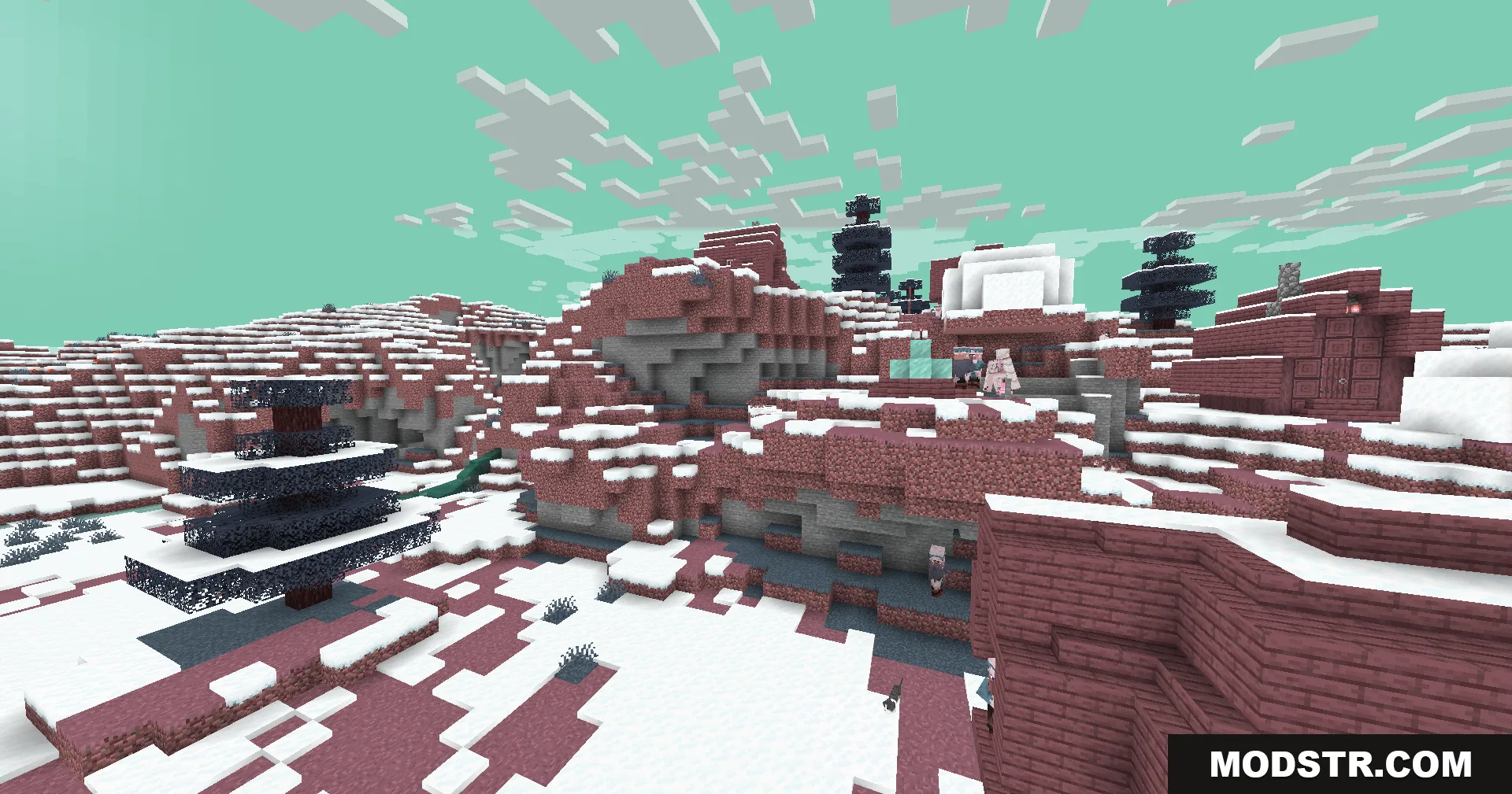 Colorblind Swap Shaders Screenshot 2 Reddish pink terrain and dark trees covered in snow under teal clouds