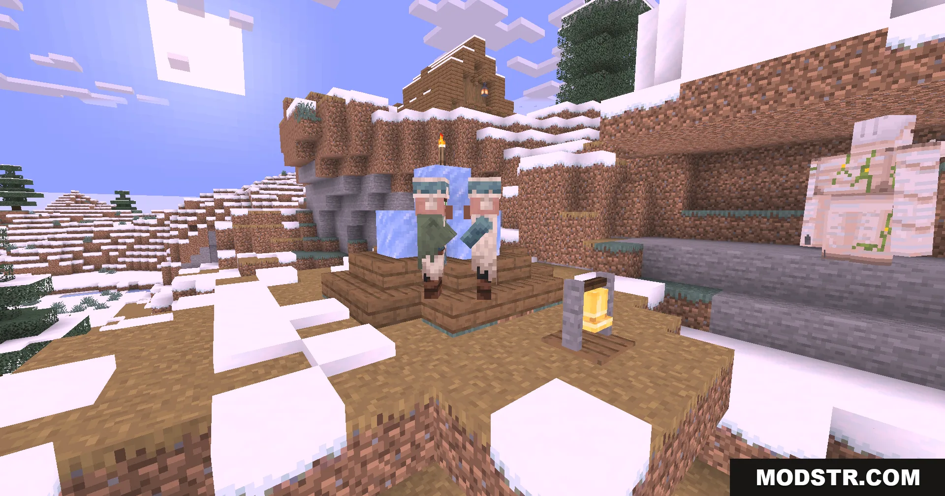 Colorblind Swap Shaders Screenshot 3 Two villagers standing near a bell in a snowy mountain biome
