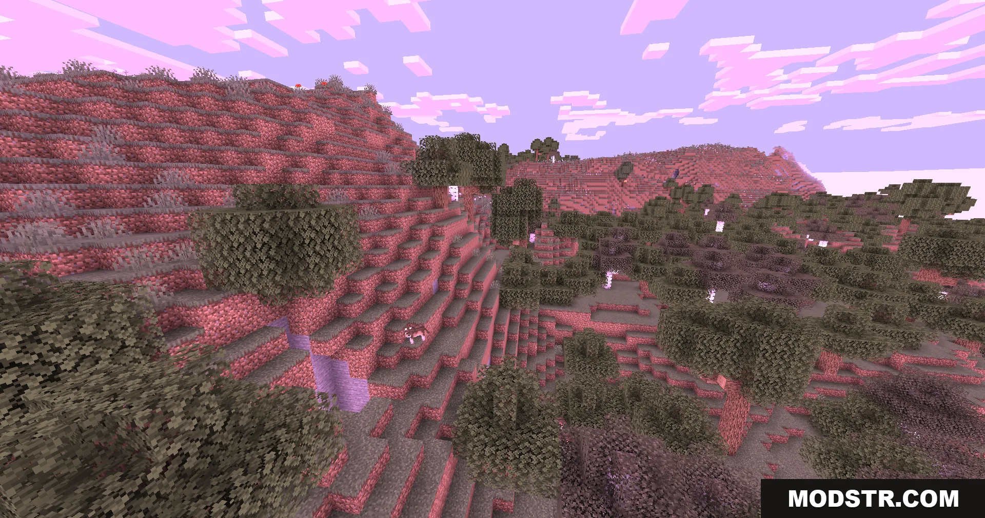 Colorblind Swap Shaders Screenshot 8 Lush pink forests and hills stretching under a bright purple and pink sky