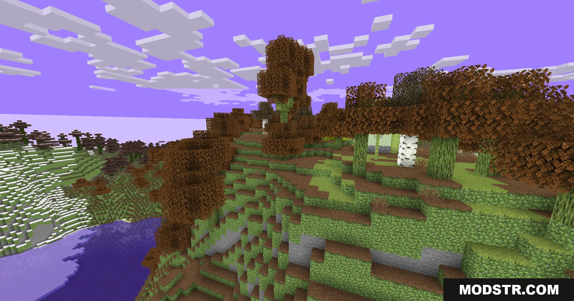 Colorblind Swap Shaders Screenshot 5 Minecraft landscape featuring a purple sky and brown trees on a grassy hill