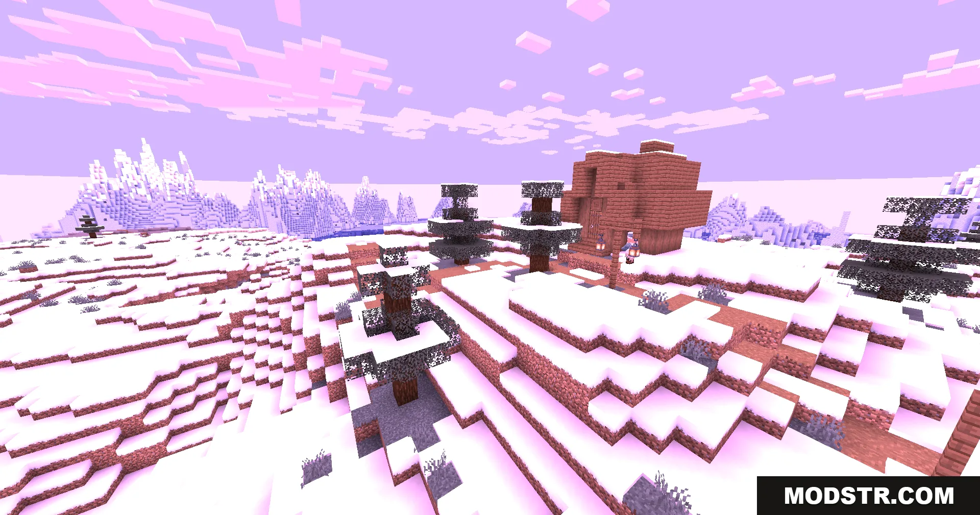 Colorblind Swap Shaders Screenshot 4 A wooden house and spruce trees under a vibrant pink sky