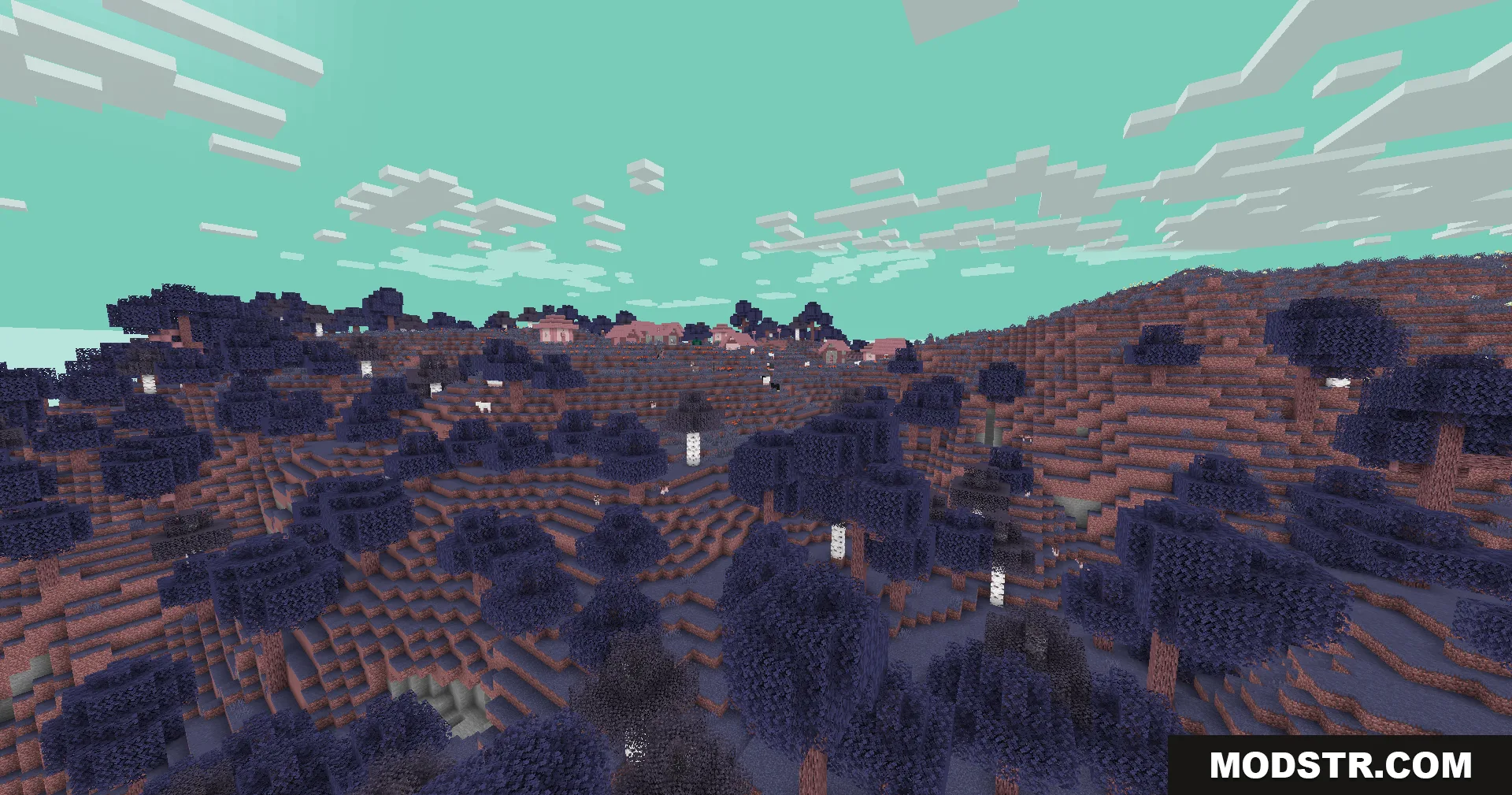 Colorblind Swap Shaders Screenshot 10 A distant village nestled among purple trees under a bright teal sky