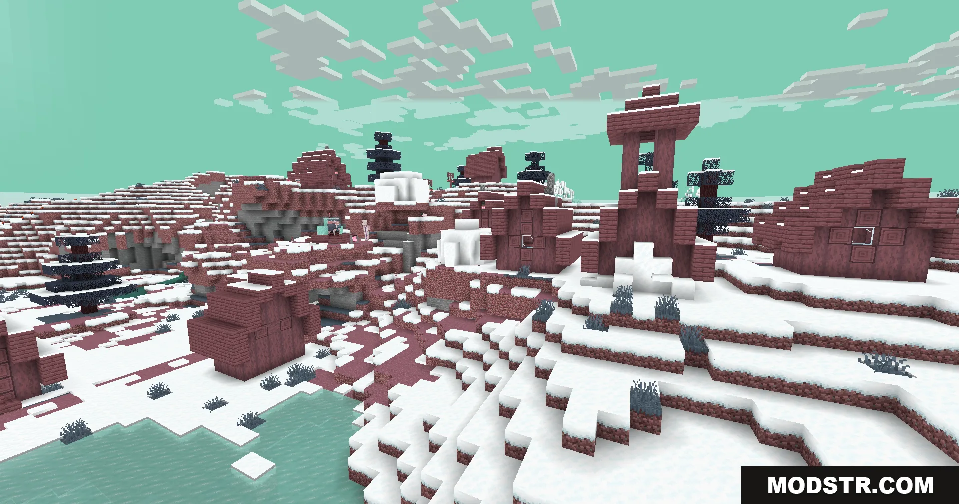 Colorblind Swap Shaders Screenshot 1 A snowy Minecraft village with reddish pink buildings under a teal sky