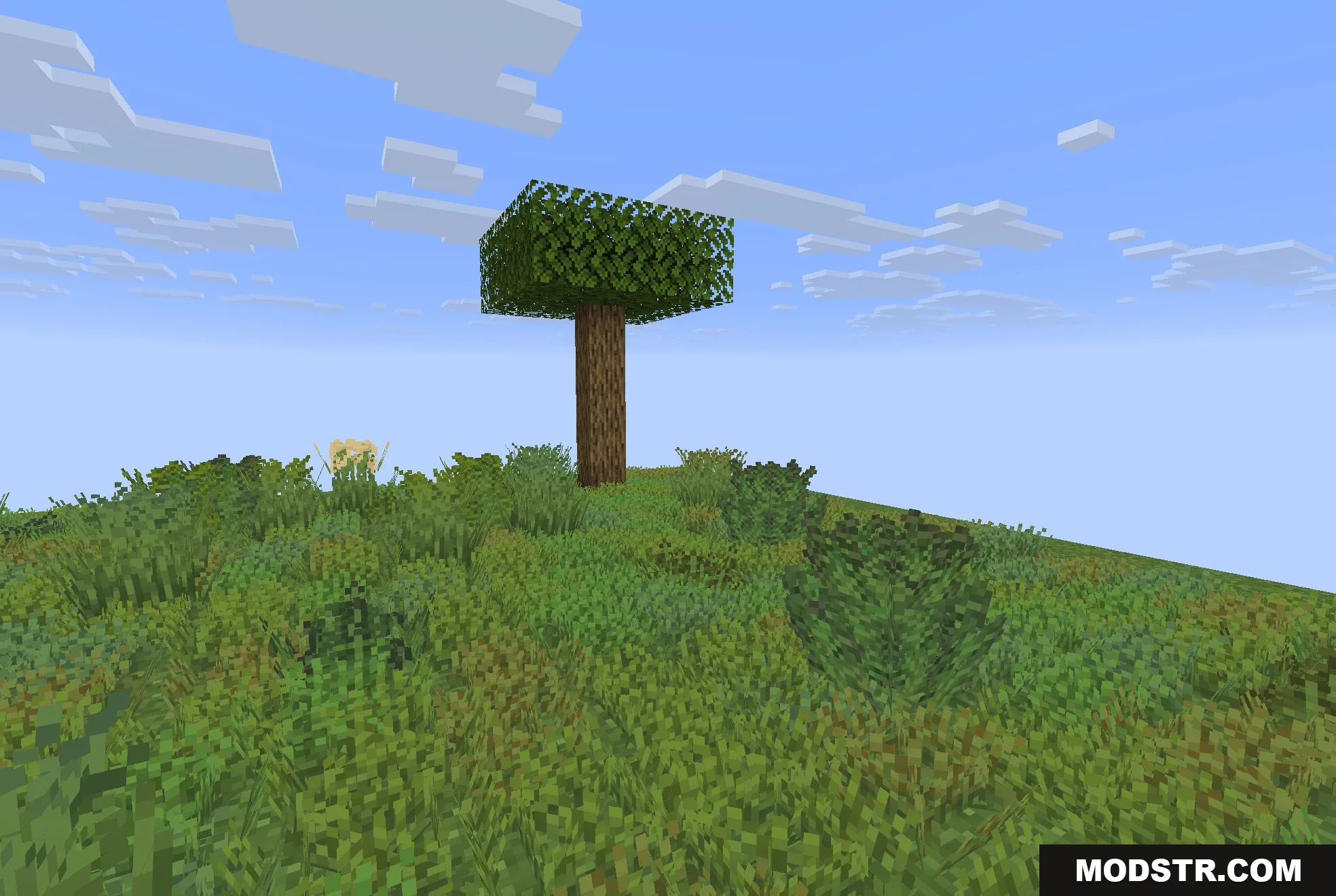 Colorful Grasses 9minecraft Resource Pack Screenshot 3 A lone tree stands on a hill covered in lush and varied grass