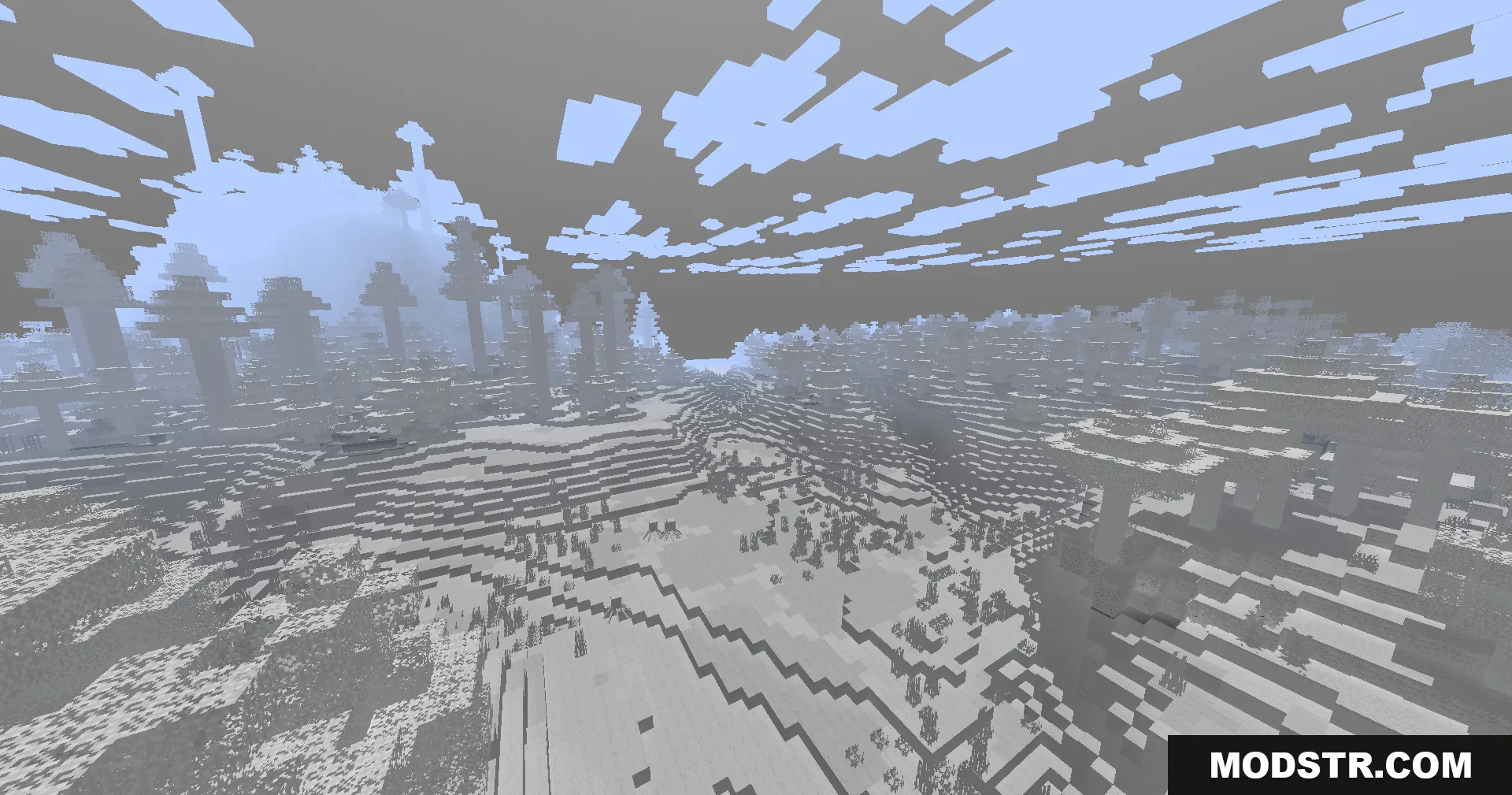 Colorless Black and White Shaders Screenshot 9 A vast Minecraft forest rendered in shades of gray with tall trees
