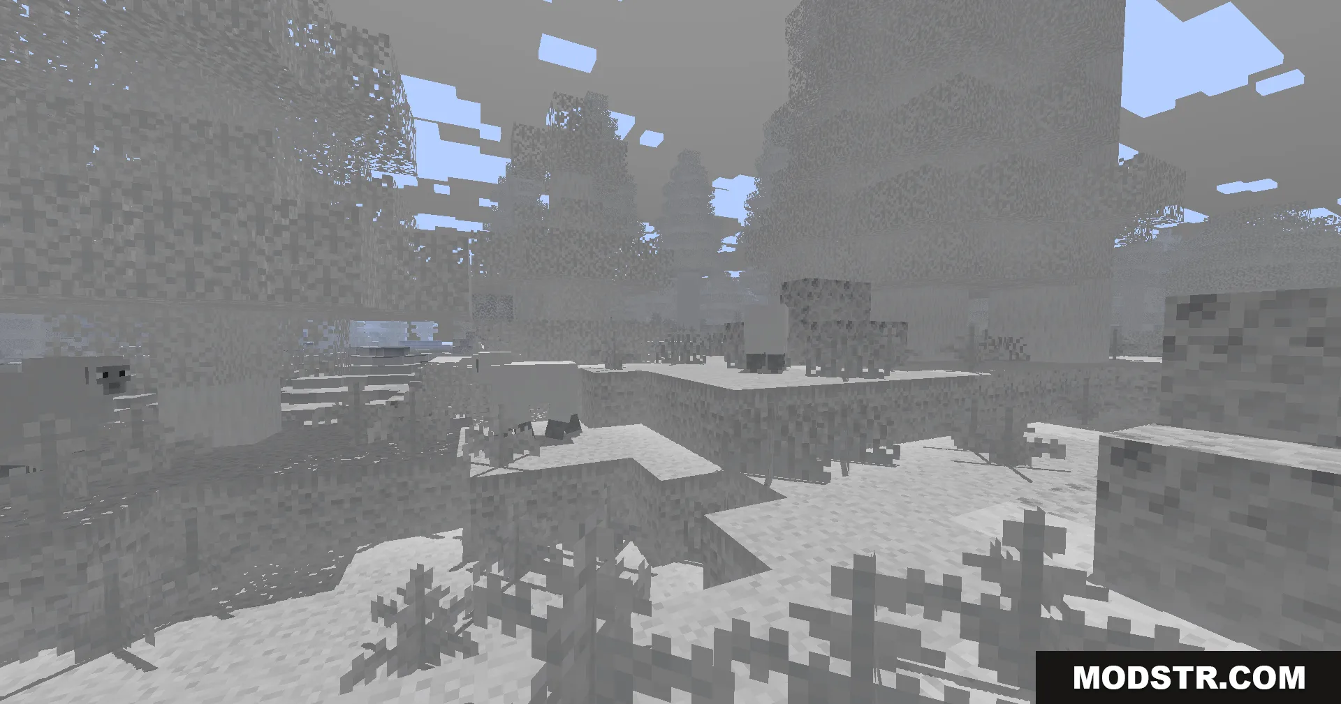 Colorless Black and White Shaders Screenshot 4 Several sheep wandering through a snowy forest rendered in shades of gray