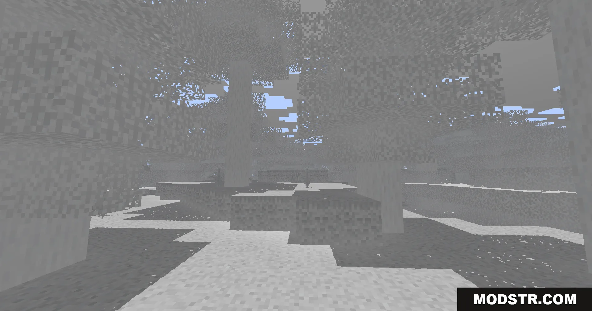 Colorless Black and White Shaders Screenshot 8 Minecraft trees and snow covered ground shown in a monochromatic gray style