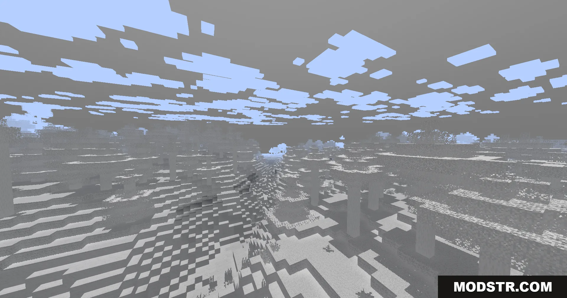 Colorless Black and White Shaders Screenshot 10 A snowy plains biome in Minecraft displayed in classic black and white