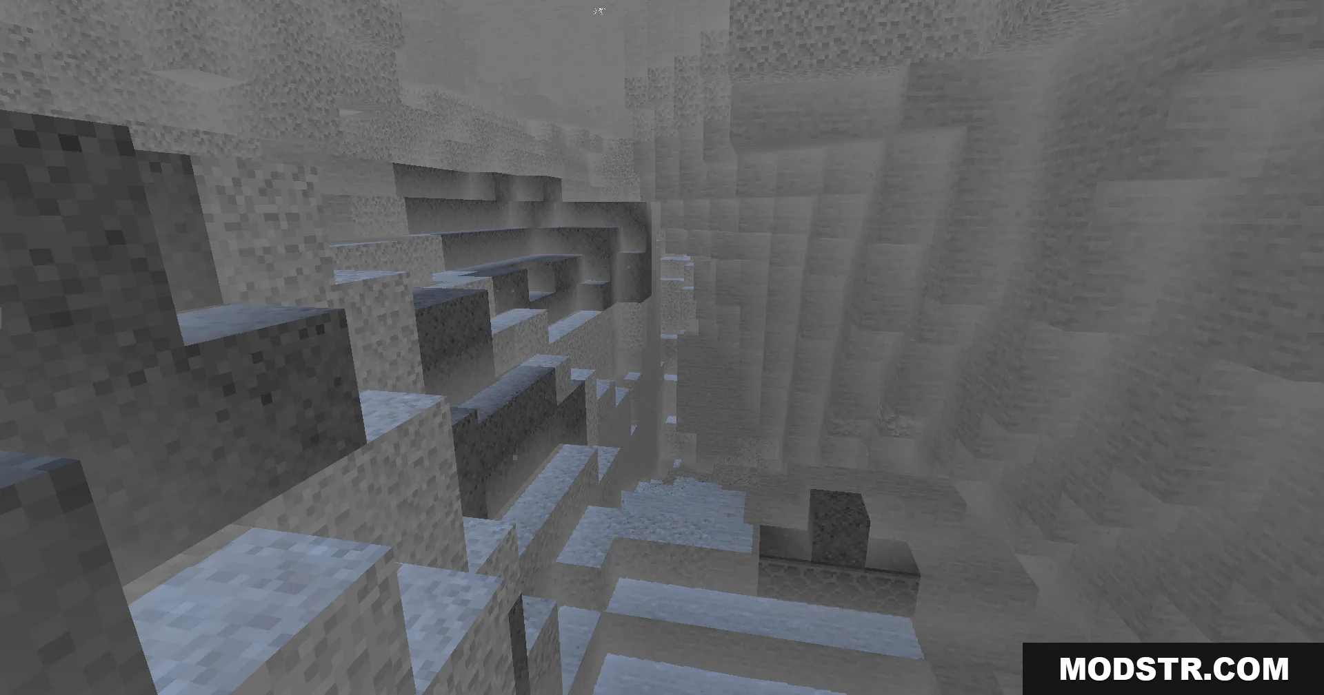 Colorless Black and White Shaders Screenshot 5 A deep rocky ravine rendered in grayscale using Colorless Black and White Shaders