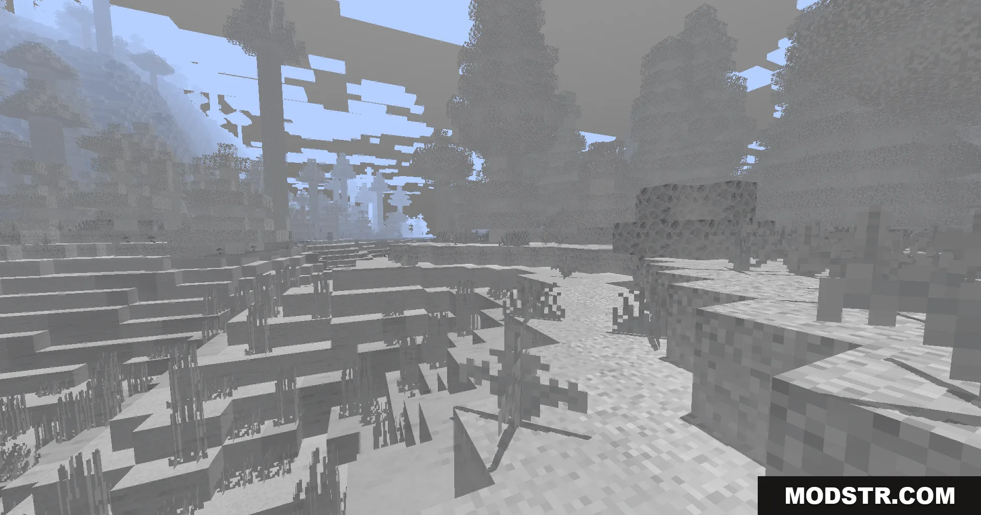 Colorless Black and White Shaders Screenshot 1 A river valley with trees in a grayscale Minecraft world