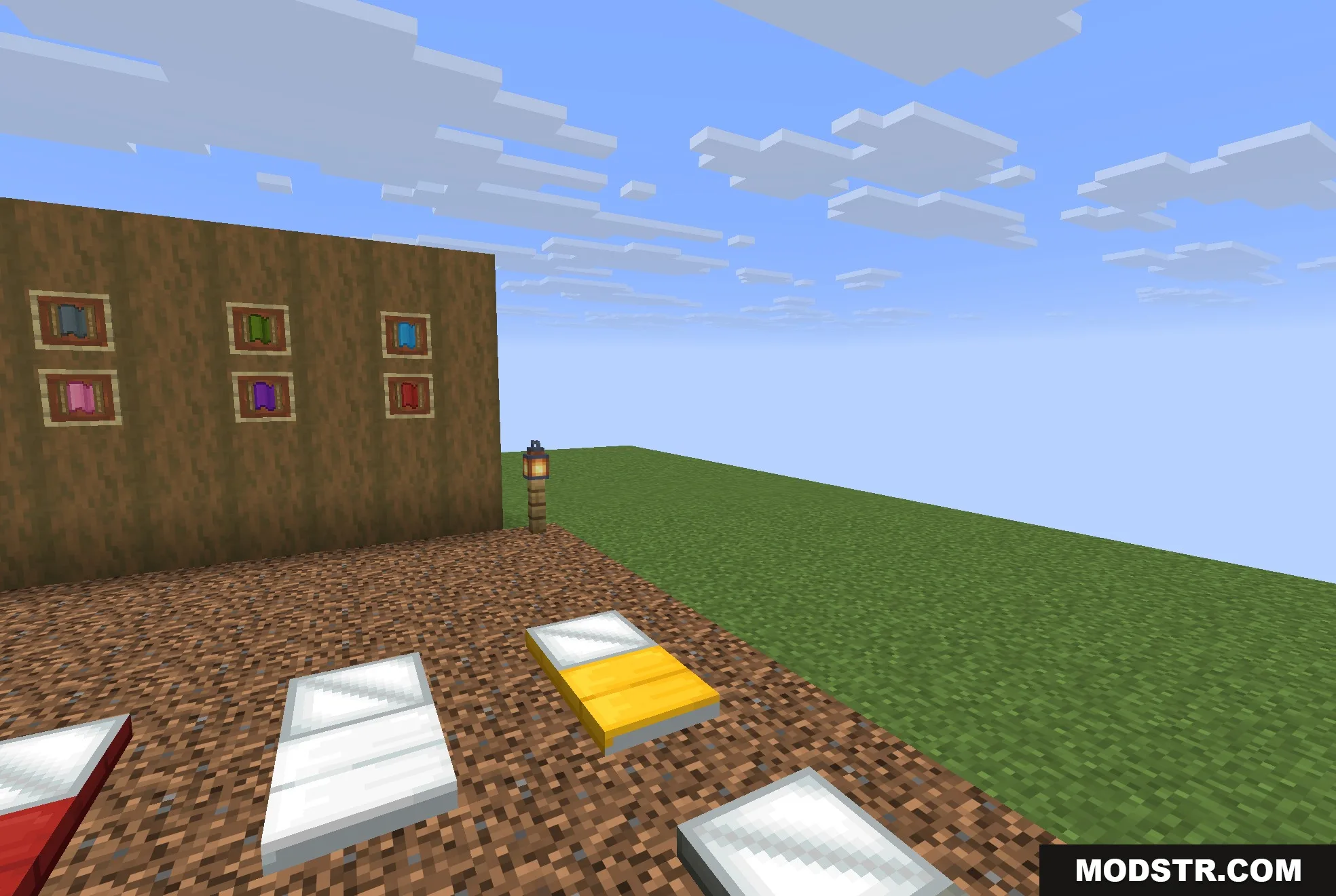 Comforts Modernized 9minecraft Resource Pack Screenshot 4 Colorful sleeping bags and hammocks displayed in a flat Minecraft world