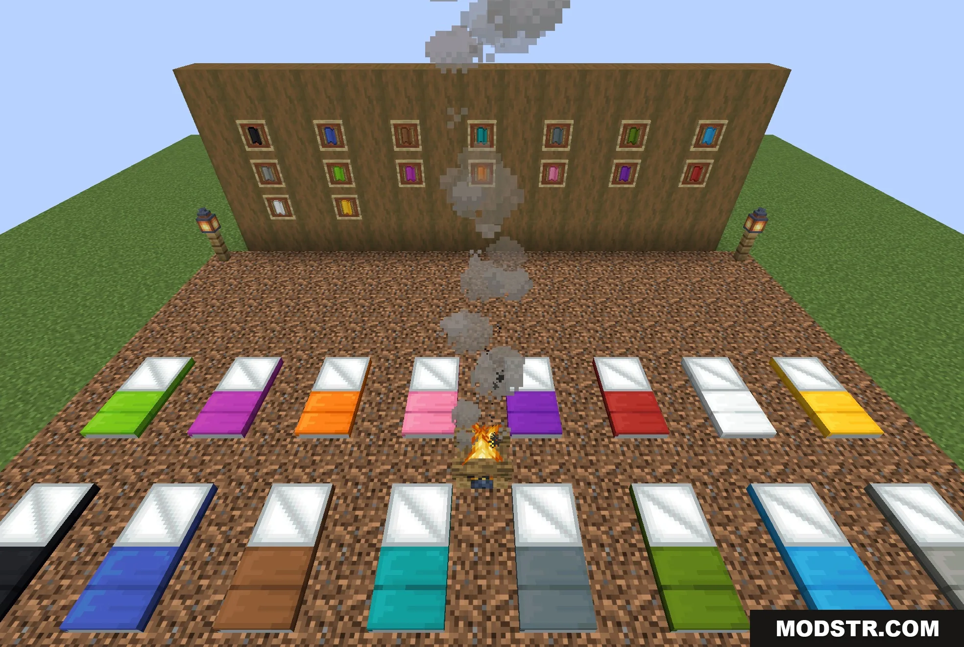 Comforts Modernized 9minecraft Resource Pack Screenshot 5 Colorful sleeping bags and hammocks arranged around a campfire in Minecraft