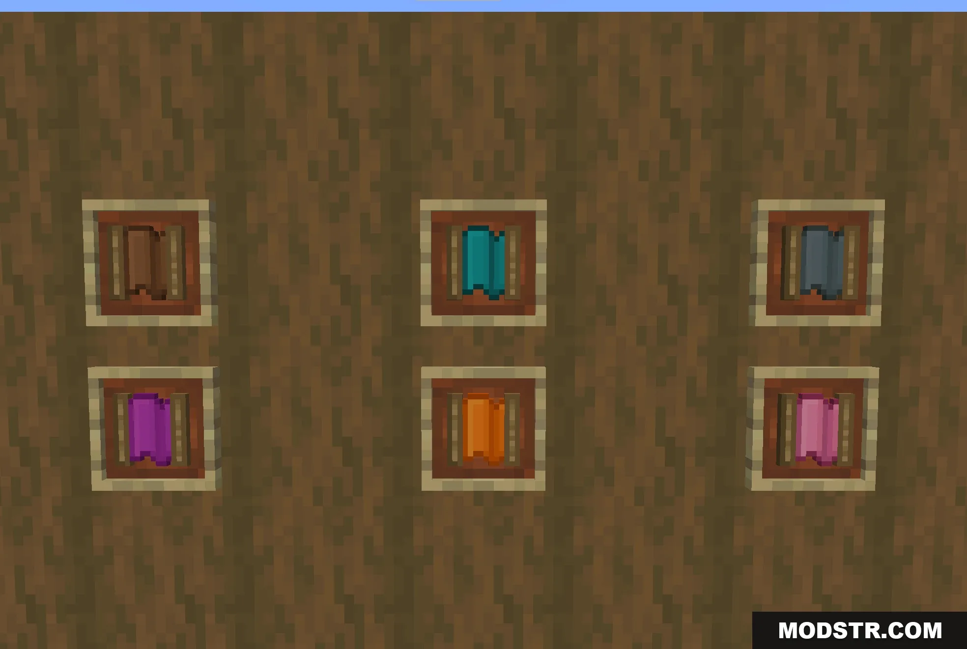 Comforts Modernized 9minecraft Resource Pack Screenshot 3 Six colorful hammocks displayed in item frames on a wooden wall