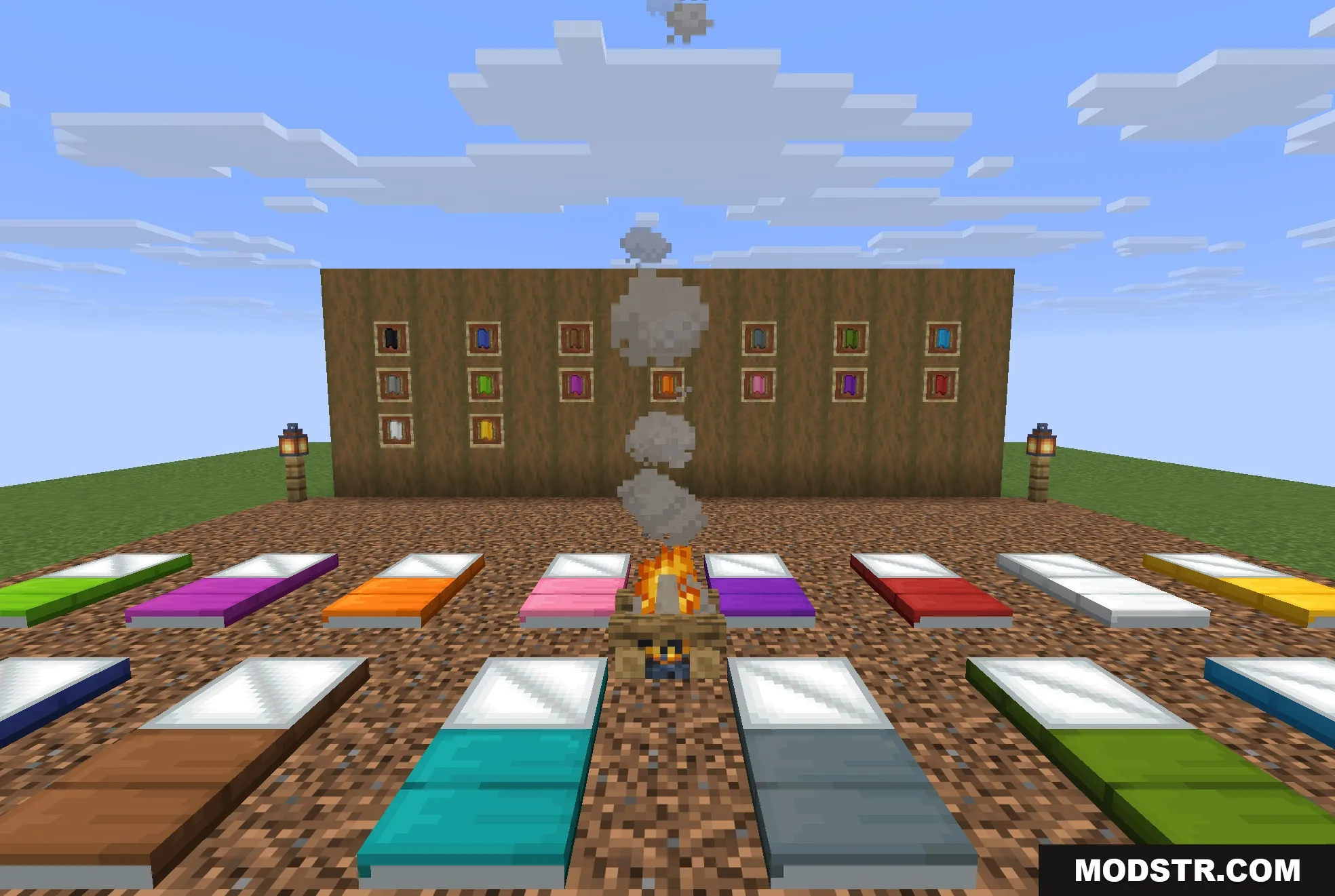 Comforts Modernized 9minecraft Resource Pack Screenshot 2 Symmetrical arrangement of vibrant sleeping bags surrounding a burning campfire on dirt ground