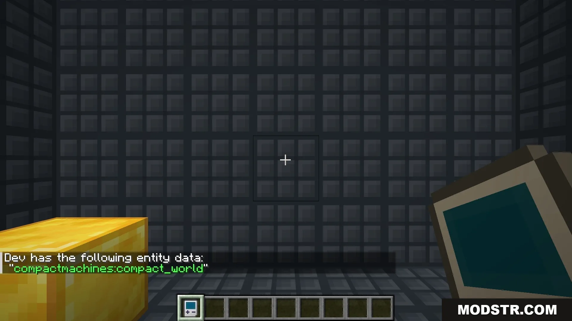Room persistence in action - a gold block placed inside the room is still there after leaving, saving and restarting the game.