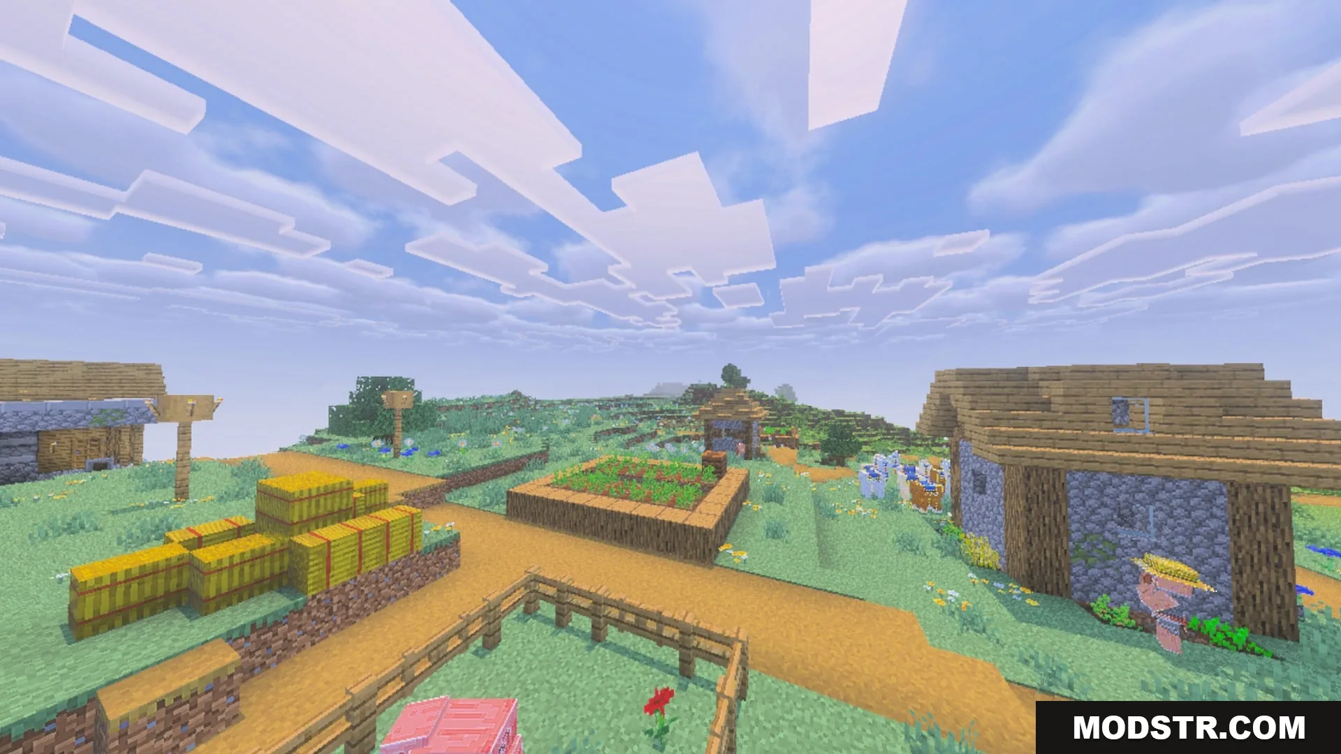 Complementary Unbound Clouds Shader Screenshot 4 Peaceful Minecraft village under a bright blue sky with blocky white clouds