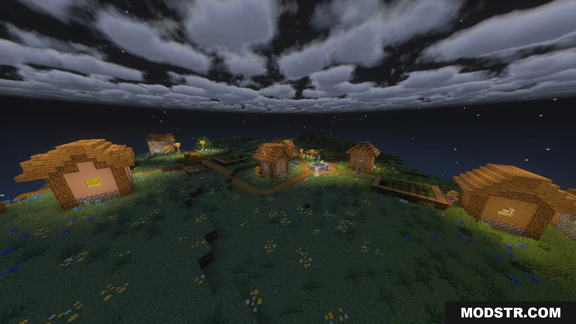 Complementary Unbound Clouds Shader Screenshot 2 Small village at night under a dark sky with scattered soft clouds