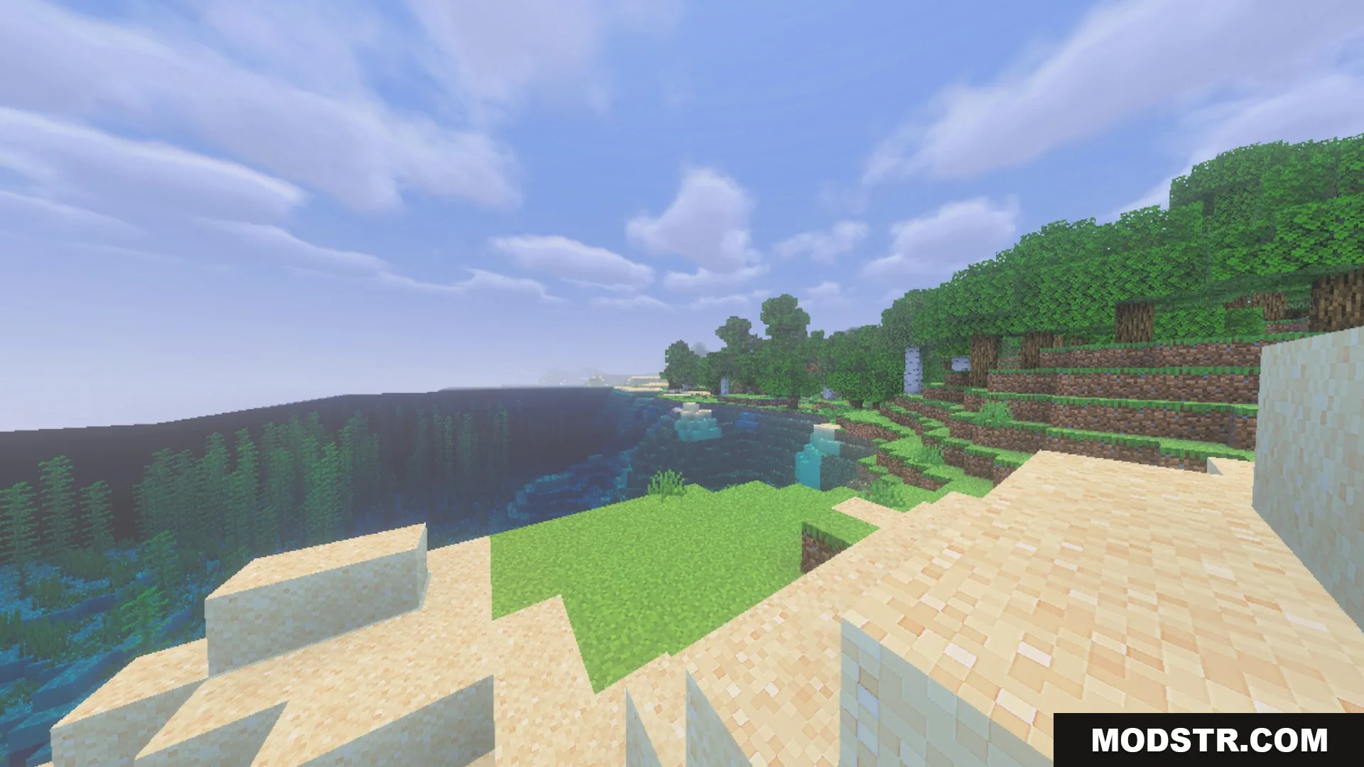 Complementary Unbound Clouds Shader Screenshot 9 Soft white clouds drift over a lush Minecraft landscape with a sandy beach
