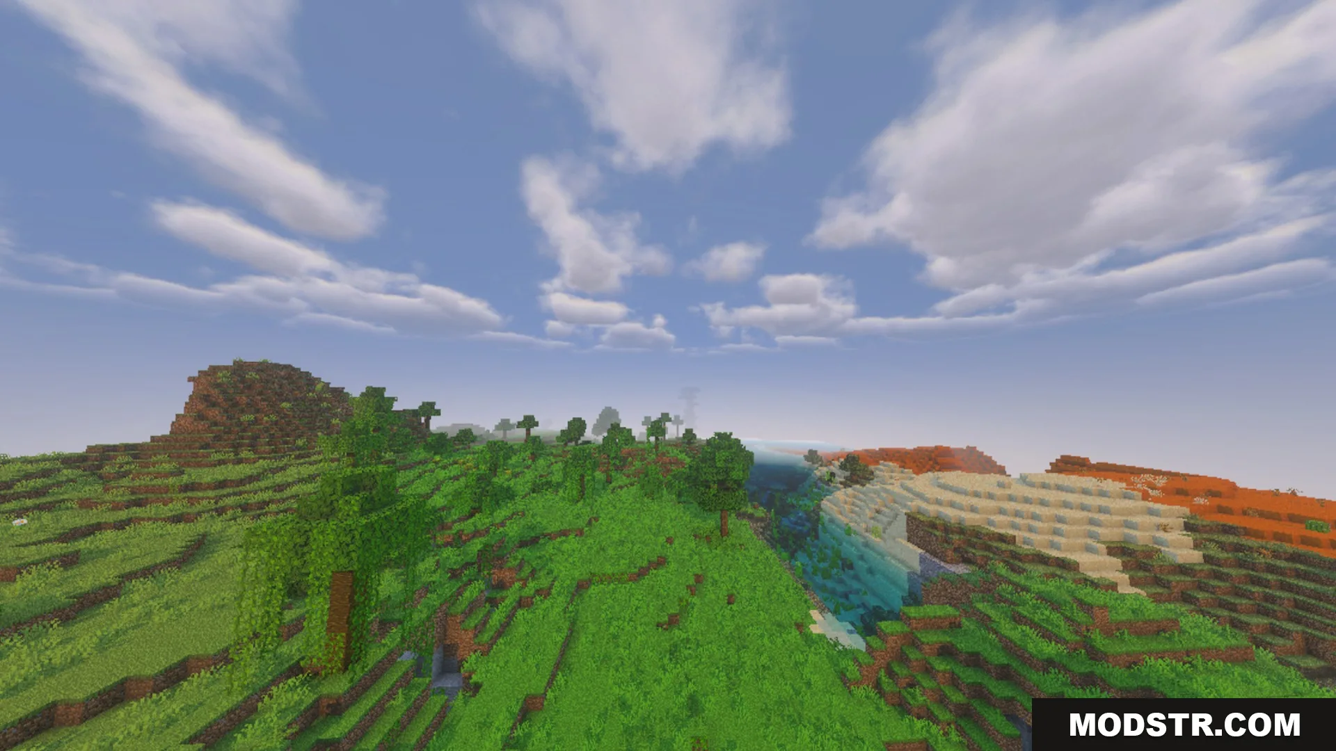 Complementary Unbound Clouds Shader Screenshot 8 Lush green hills and a river under a bright sky with fluffy clouds