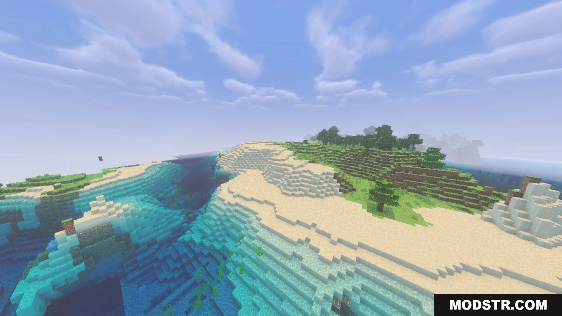 Complementary Unbound Clouds Shader Screenshot 6 Bright beach with white sand and clear blue water under soft clouds