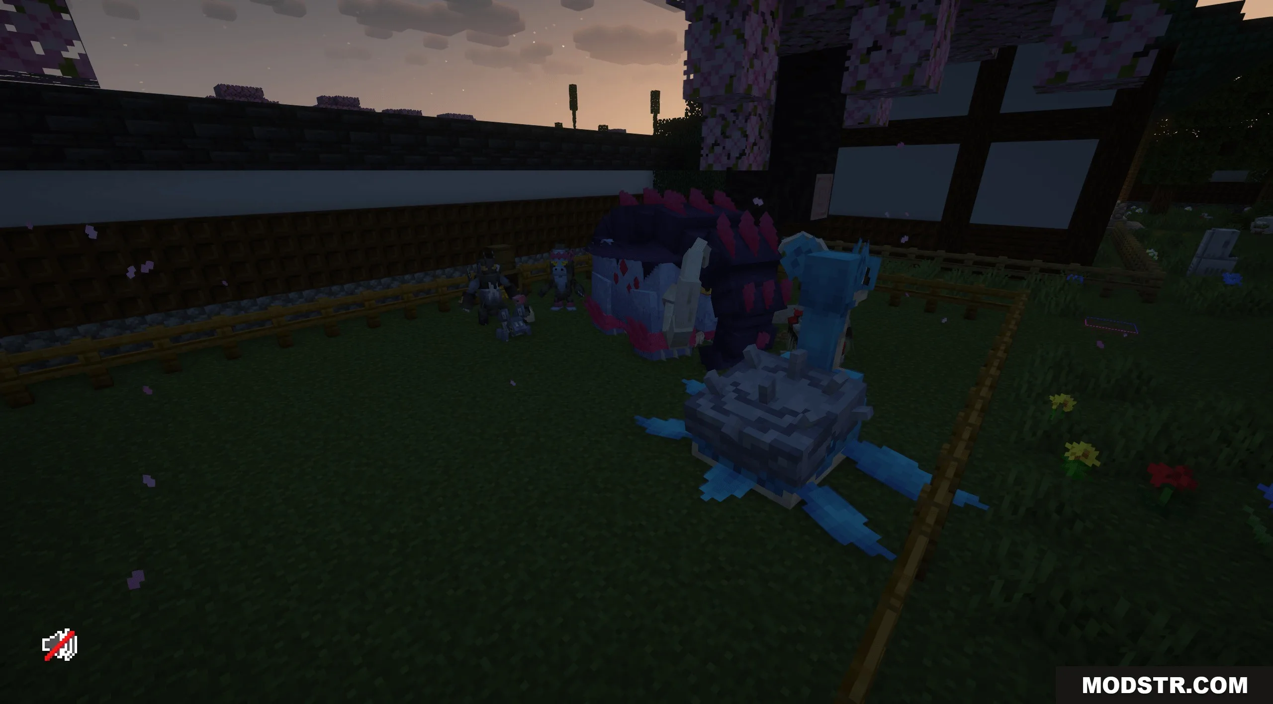 Complete Cobblemon Collection W Legendary Spawns Data Pack Screenshot 2 A Lapras and other Cobblemon species standing in a fenced field at sunset