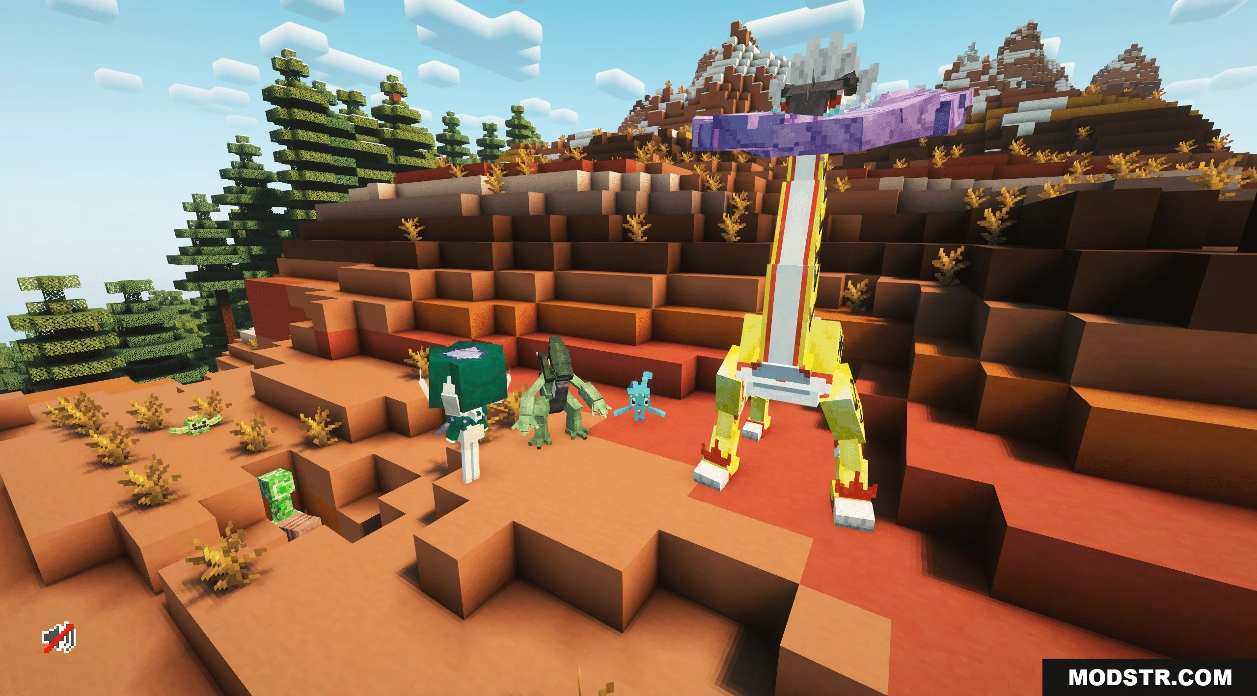 Complete Cobblemon Collection W Legendary Spawns Data Pack Screenshot 5 Legendary Cobblemon species roaming freely in a red sand mesa biome