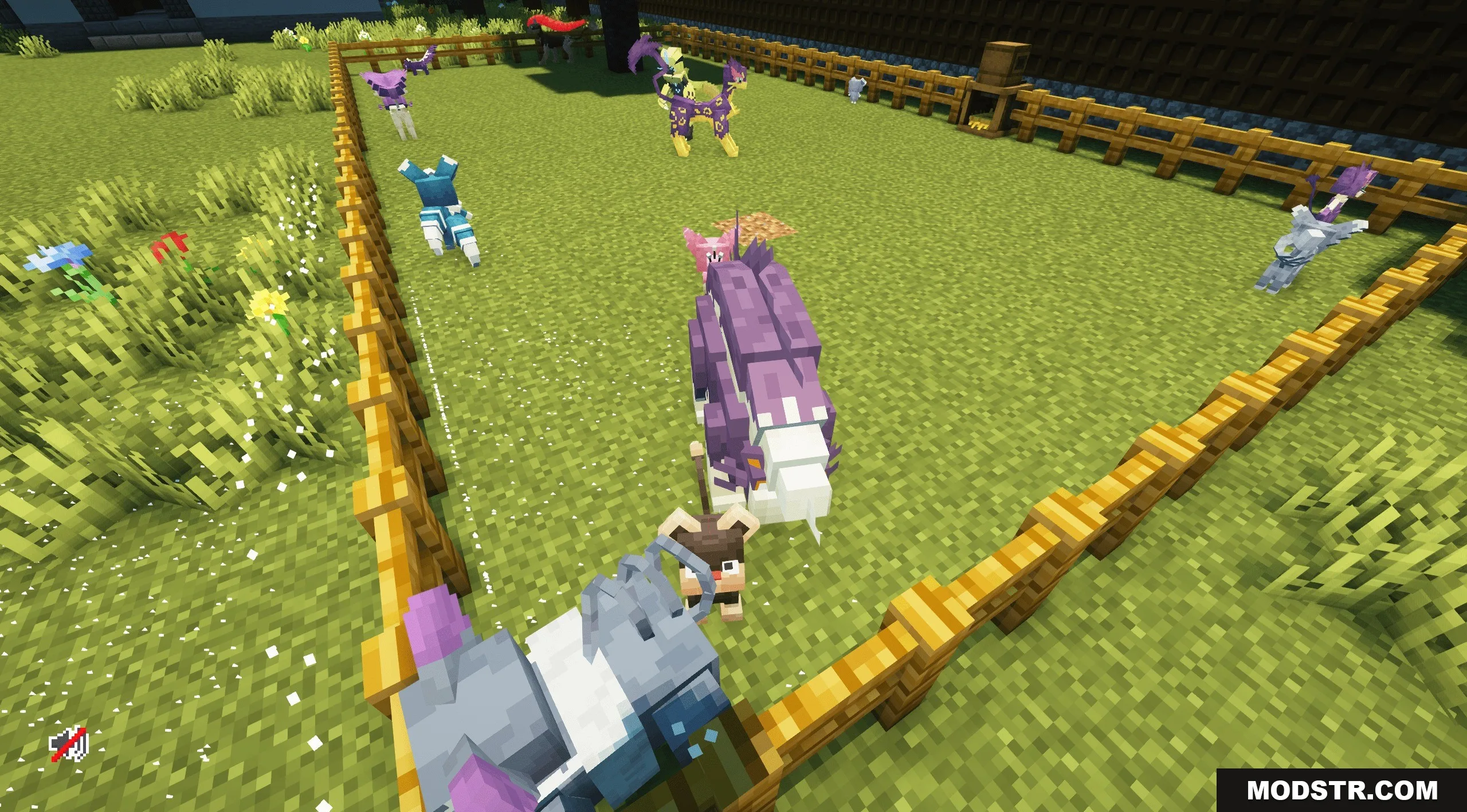 Complete Cobblemon Collection W Legendary Spawns Data Pack Screenshot 4 A diverse collection of monsters roaming inside a large fenced grassy enclosure