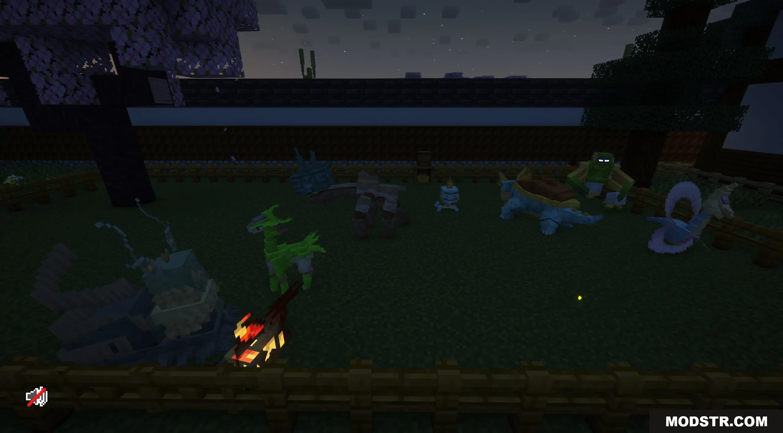 Complete Cobblemon Collection W Legendary Spawns Data Pack Screenshot 6 A group of legendary creatures resting in a fenced area at night