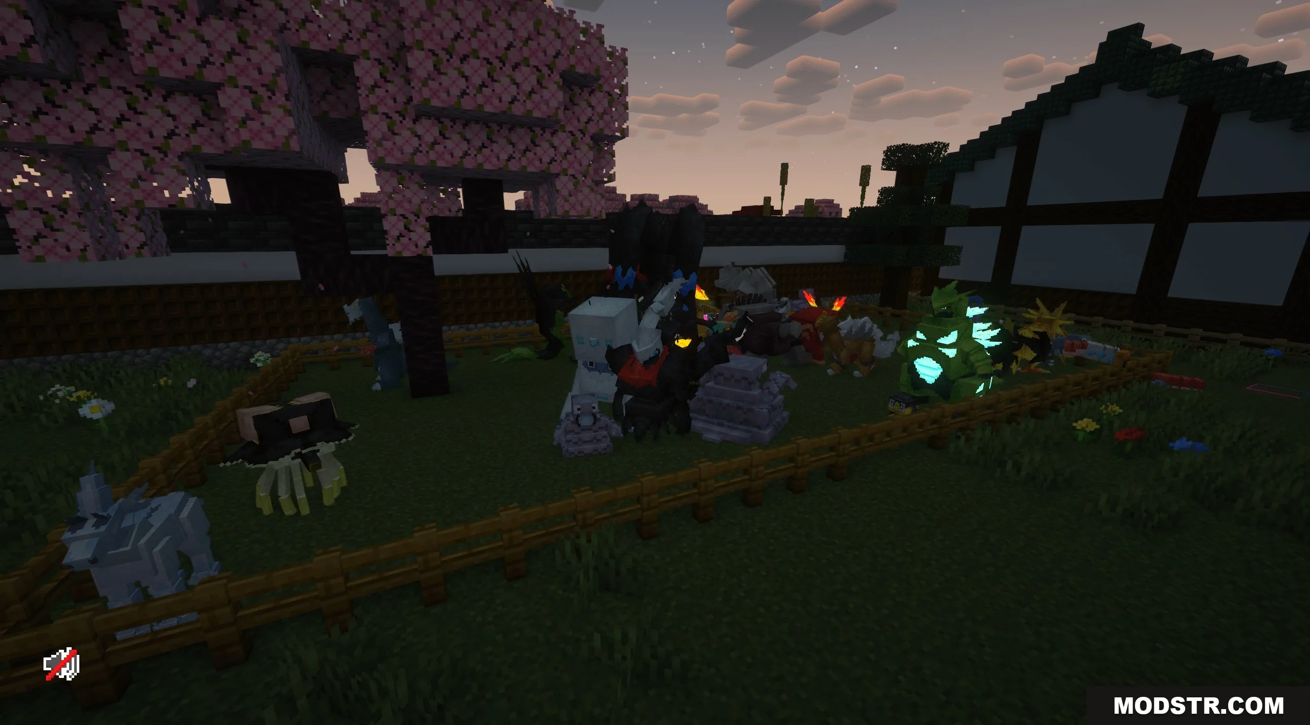 Complete Cobblemon Collection W Legendary Spawns Data Pack Screenshot 1 Various custom Cobblemon models gathered in a fenced area under cherry blossoms