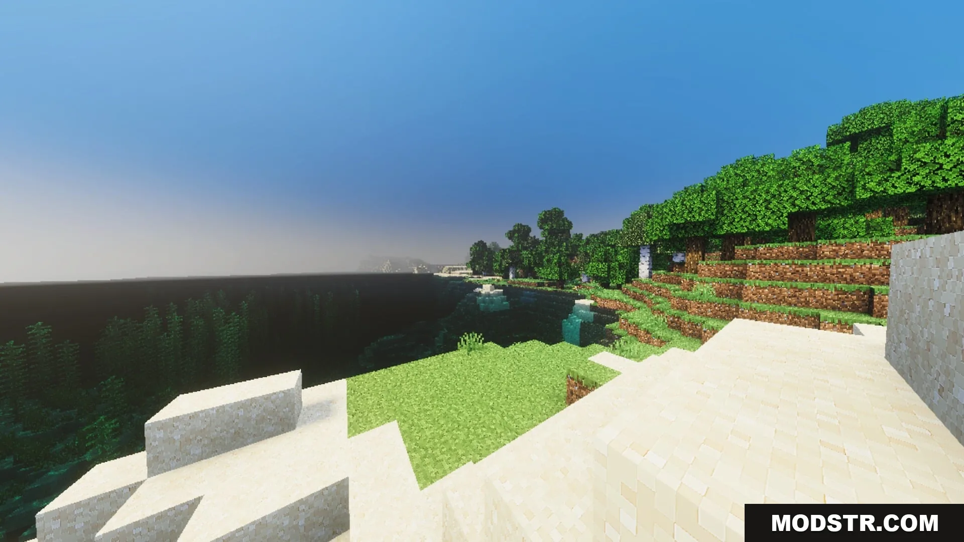 Complimentory Vibrant Visuals Shader Screenshot 4 Lush green forest and sandy cliffs overlooking a clear ocean under sunlight