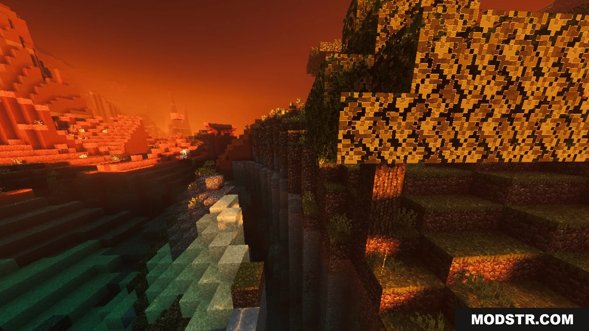Complimentory Vibrant Visuals Shader Screenshot 3 Warm sunset light illuminating a cliffside forest with realistic shadows and textures