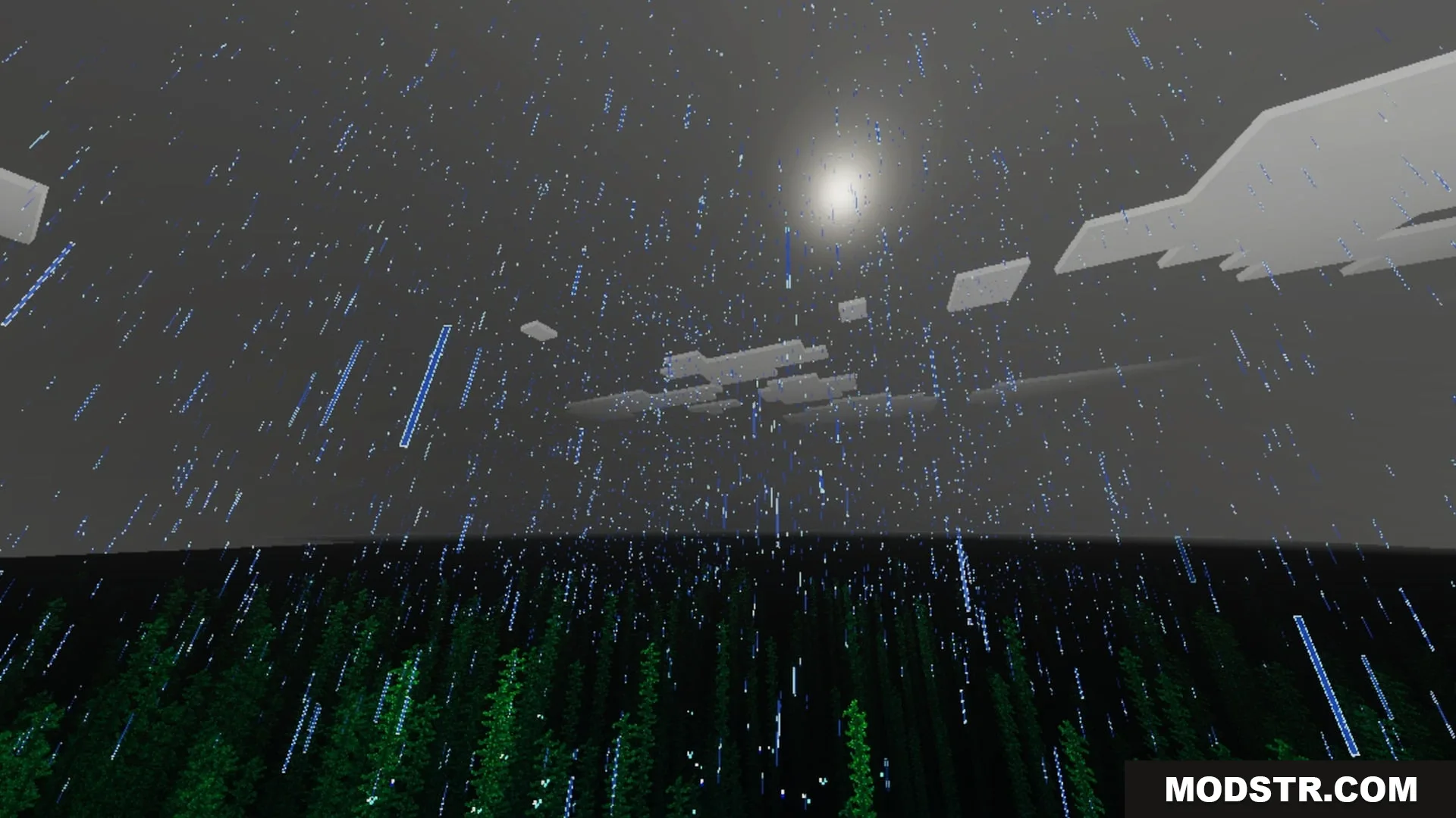 Complimentory Vibrant Visuals Shader Screenshot 5 Rain falling over a dark forest with the moon visible in the sky
