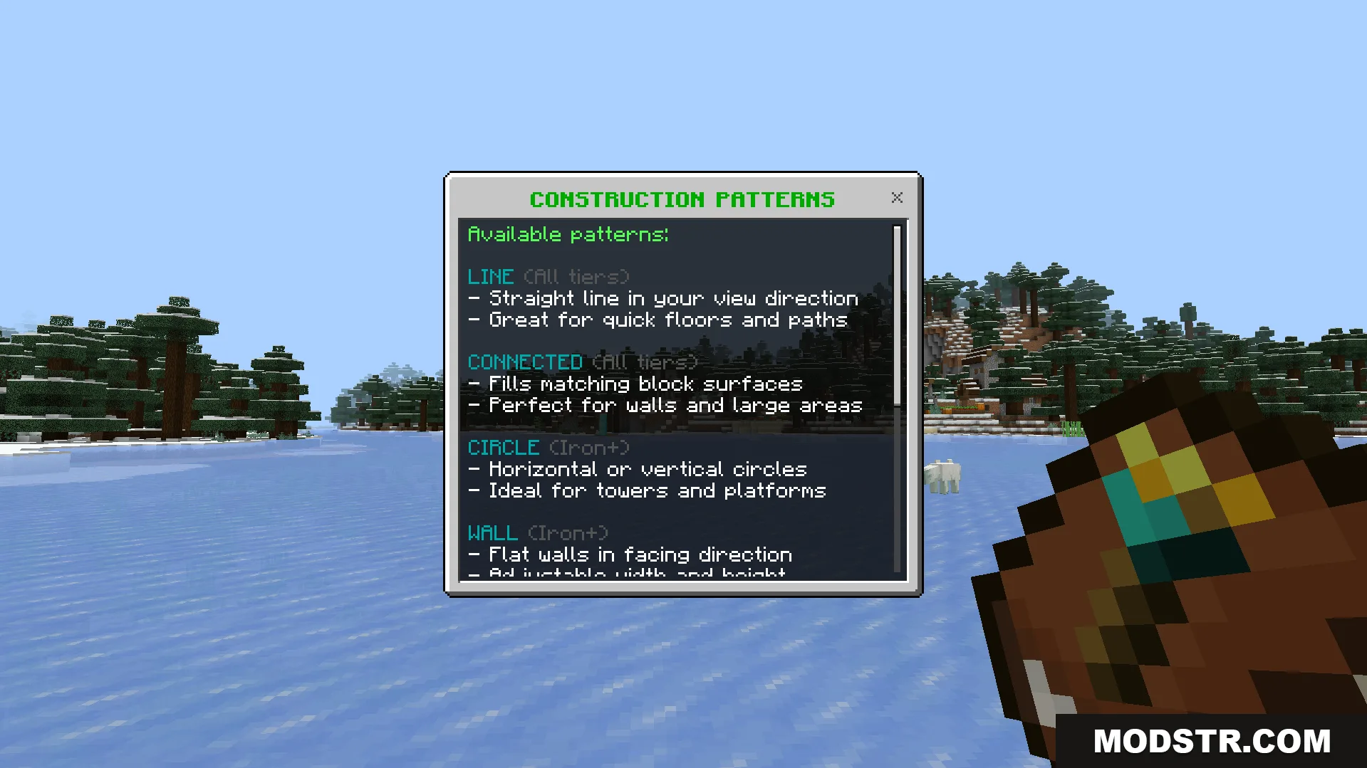 Construction Wands Addon Screenshot 3 Configuration menu displaying available building patterns for different wand tiers