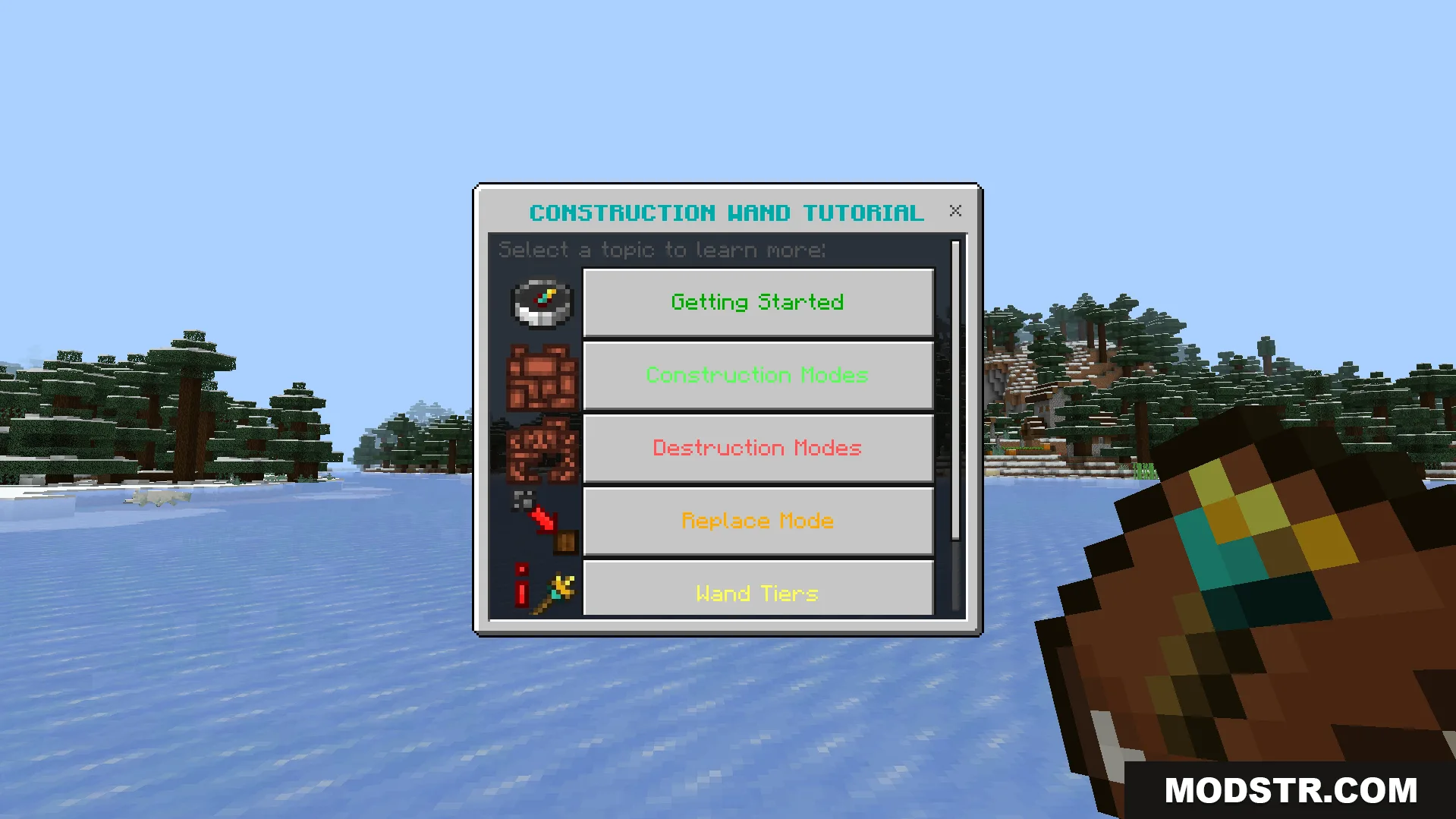 Construction Wands Addon Screenshot 2 A player is viewing the construction wand tutorial menu in the game