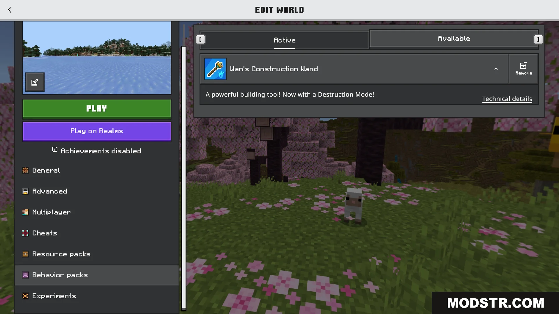 Construction Wands Addon Screenshot 1 A player is viewing the active behavior packs in the world edit menu