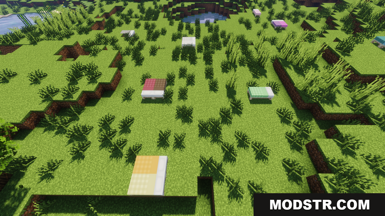 Cozy Nook Beds Resource Pack Screenshot 8 Several plaid patterned beds scattered across a grassy field
