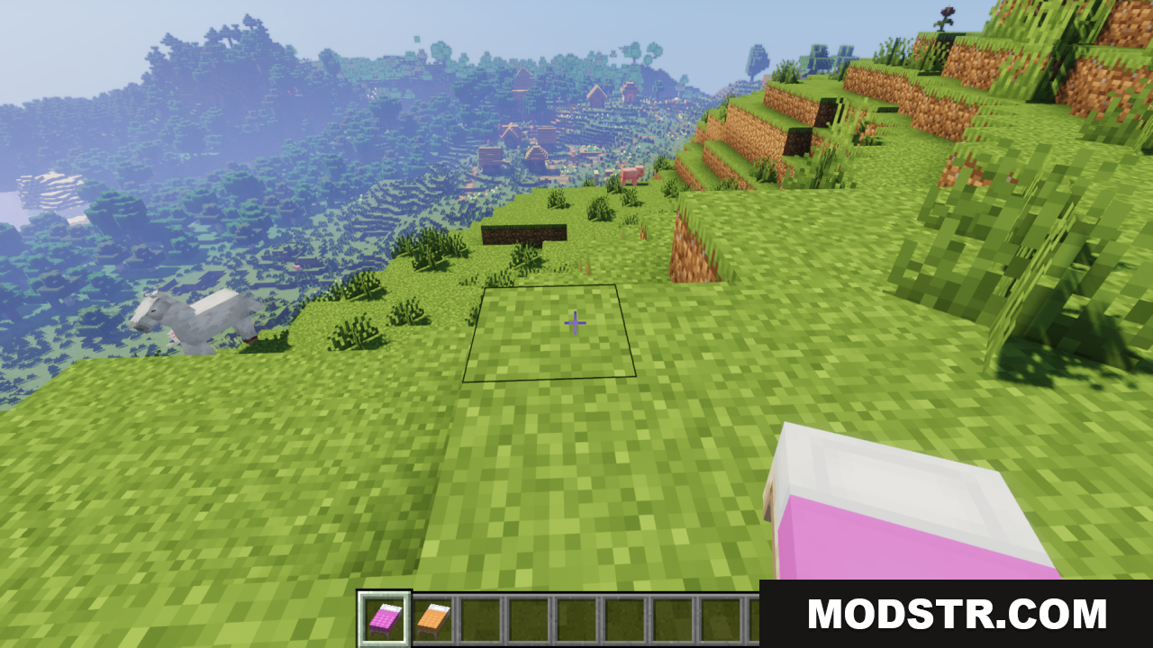 Cozy Nook Beds Resource Pack Screenshot 10 Player holding a pink bed overlooking a village