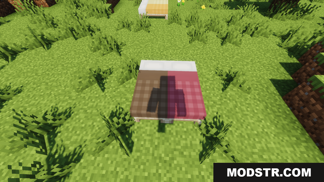 Cozy Nook Beds Resource Pack Screenshot 5 Player shadow on brown and red plaid beds in a grassy field