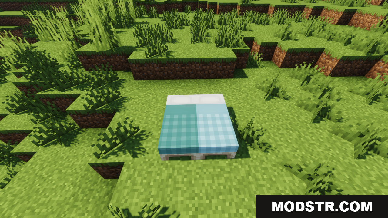 Cozy Nook Beds Resource Pack Screenshot 3 Two Minecraft beds with plaid patterned blankets placed on grass