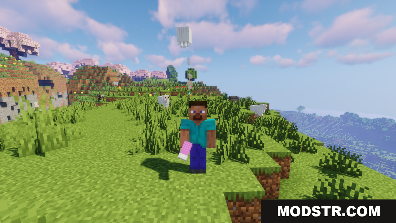 Cozy Nook Beds Resource Pack Screenshot 11 Player holding a pink plaid blanket bed item in a grassy landscape