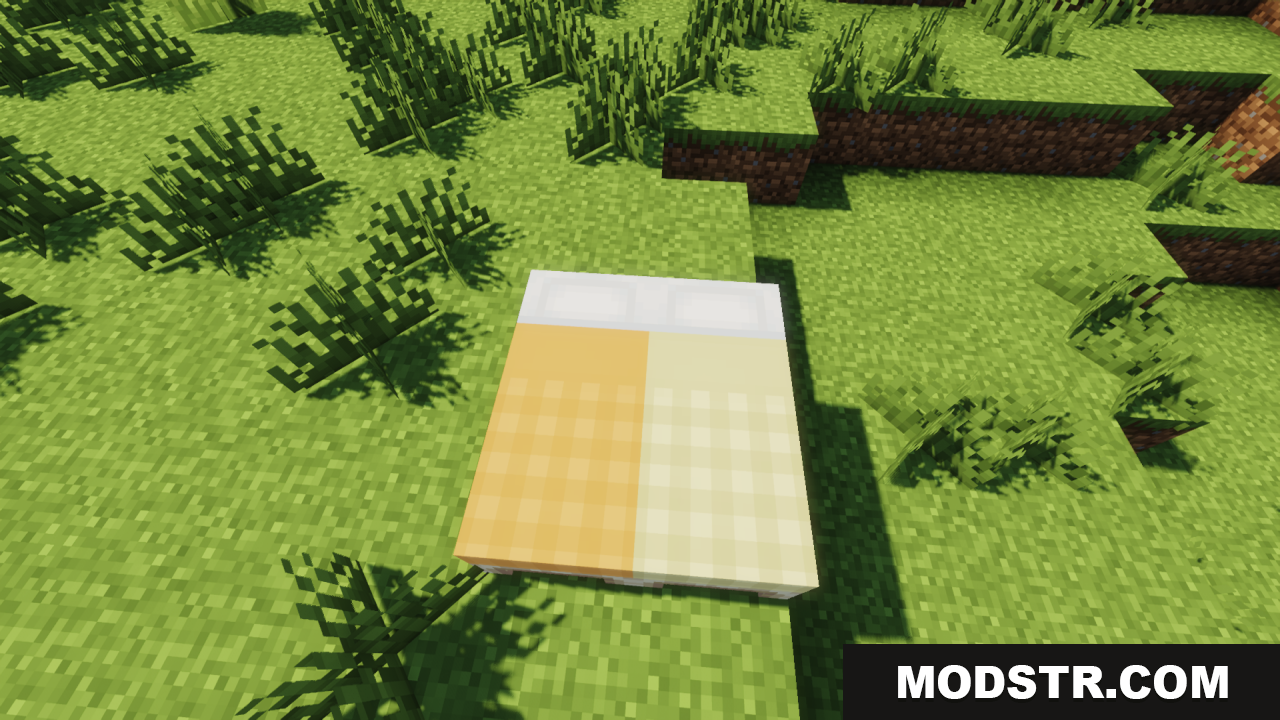 Cozy Nook Beds Resource Pack Screenshot 6 Orange and yellow plaid beds placed together on green grass in the game