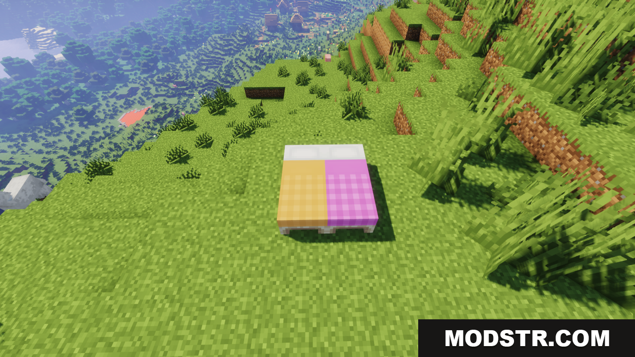Cozy Nook Beds Resource Pack Screenshot 13 Orange and pink plaid patterned beds placed on a grassy hill