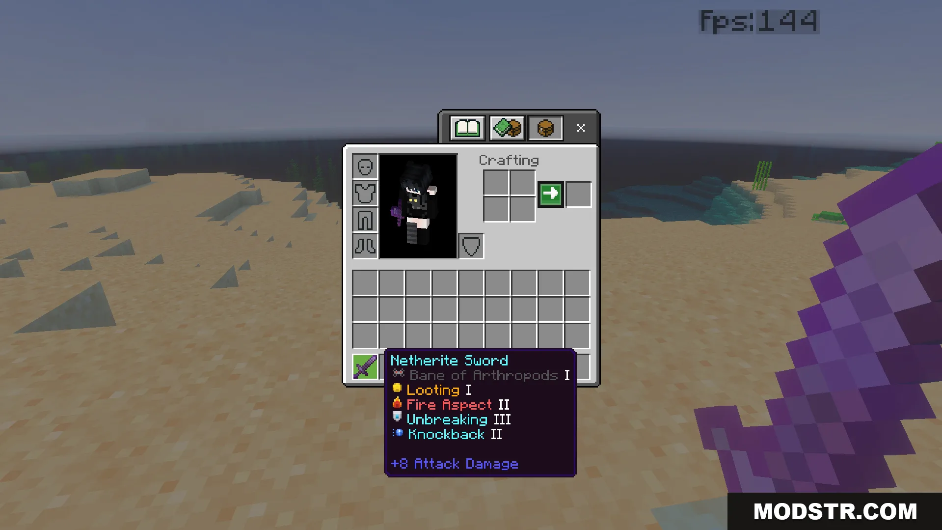 CraftStudios Better FPS Texture Pack Screenshot 6 Netherite sword tooltip showing colored pixel art icons added next to various enchantments