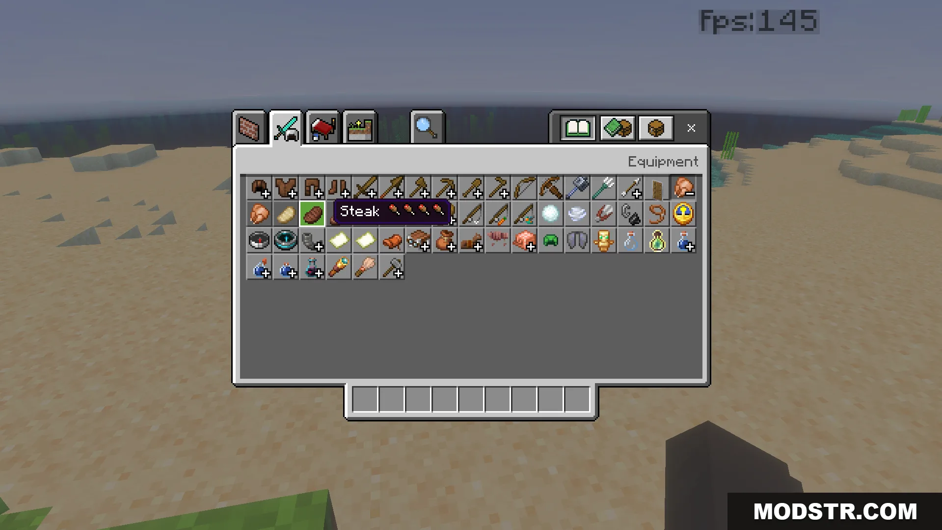 CraftStudios Better FPS Texture Pack Screenshot 5 Creative inventory showing steak item with hunger points displayed directly on its name