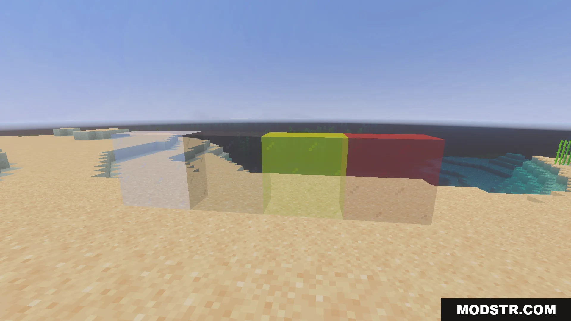 CraftStudios Better FPS Texture Pack Screenshot 8 Three colored glass blocks on sand with their borders removed for cleaner look