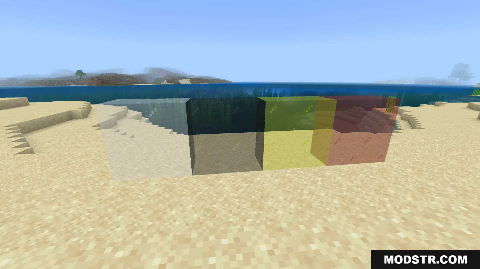 CraftStudios Better FPS Texture Pack Screenshot 9 cleaned up colored glass blocks with removed borders placed on the sand