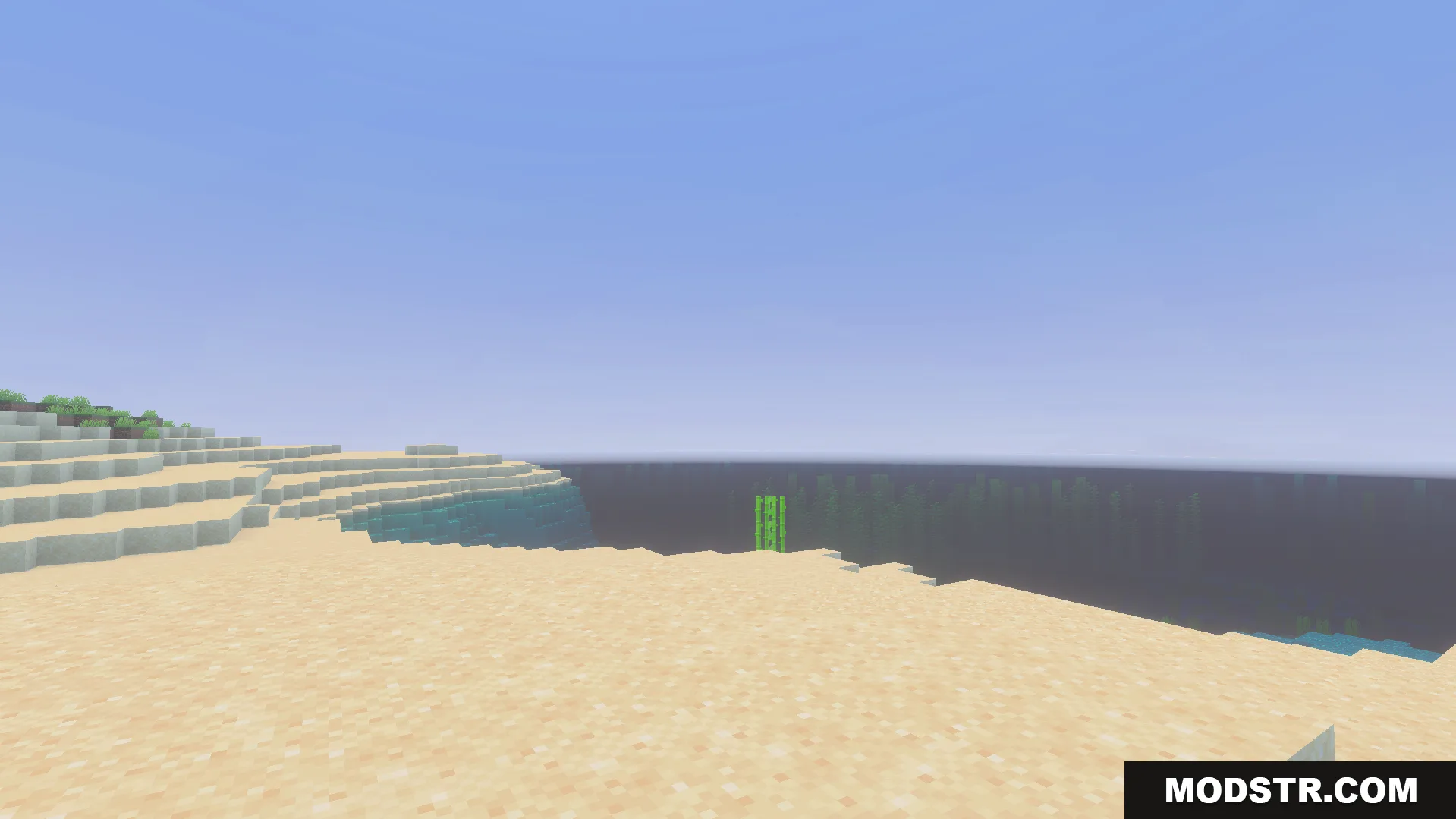 CraftStudios Better FPS Texture Pack Screenshot 3 Minecraft beach landscape with calm water and clear sky