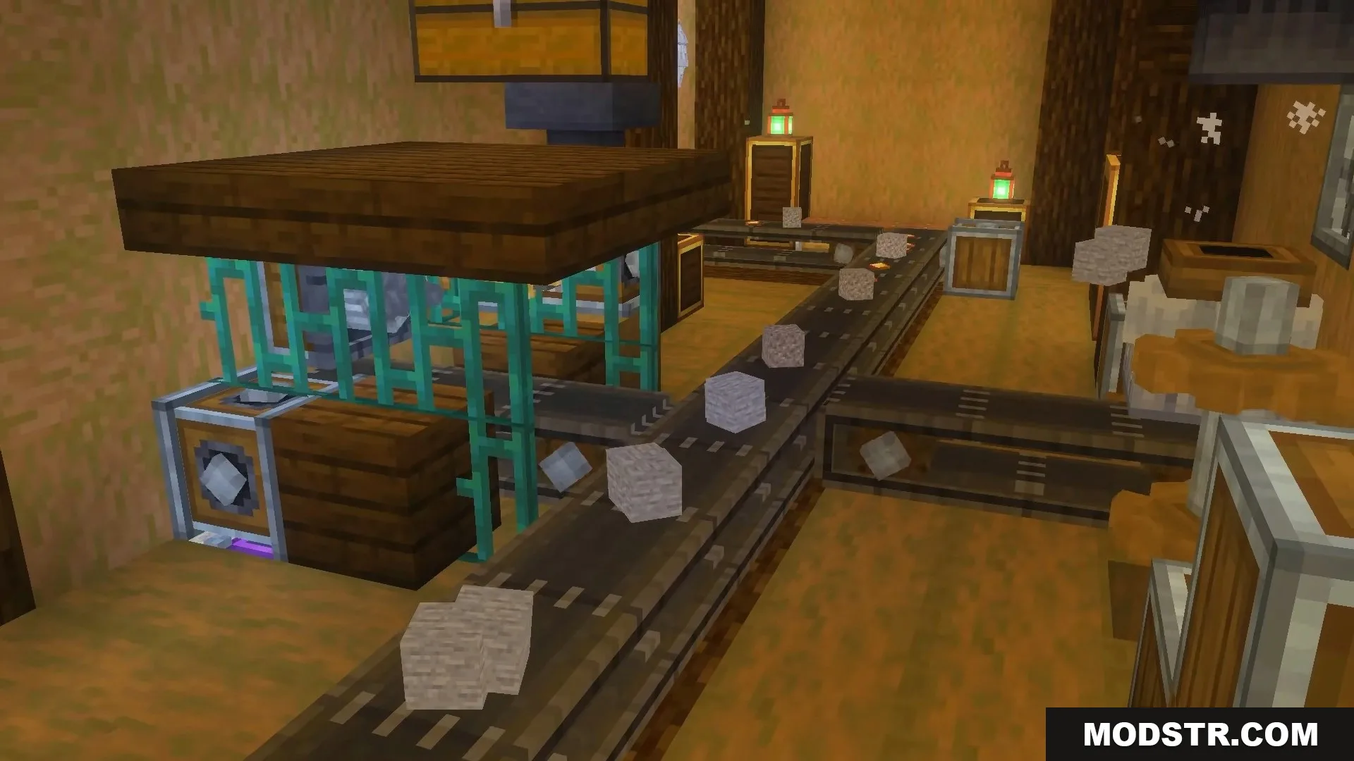 Conveyor belts moving cobblestone blocks through an automated processing machine setup